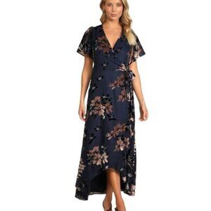 Lulu’s Bistro Dates Navy Blue Burnout Velvet Jacquard Wrap Floral Dress Size L